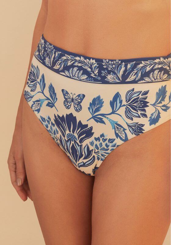 Delicate Tapestry High Waisted Bikini by Farm Rio, featuring high waisted bottoms with a blue floral and butterfly design.