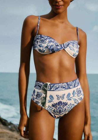 Delicate Tapestry Bikini Top by Farm Rio, featuring floral patterns and a stylish design against a coastal backdrop.
