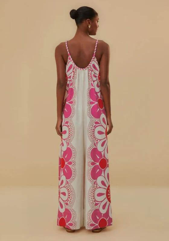 Maia Jumpsuit by Farm Rio, showcasing vibrant floral patterns and a relaxed silhouette from the back.
