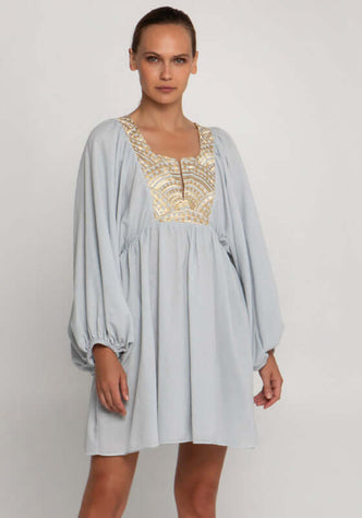 Triangle Long Sleeve Mini Dress Grey by Greek Archaic Kori, featuring a v neckline and gold embroidery detail.