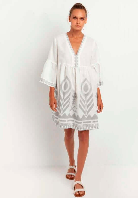 Kori | Flared Sleeve Grey Embroidered Dress