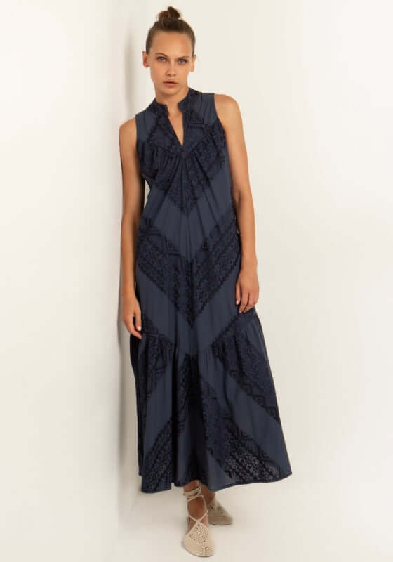 Greek Archaic Kori Navy Embroidered Maxi Dress