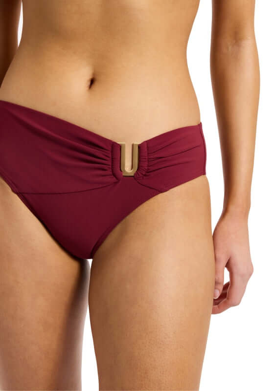 Jetset U Trim Bikini Bottom Burgundy by Jets Swimwear, featuring a stylish U-shaped embellishment and a flattering fit.