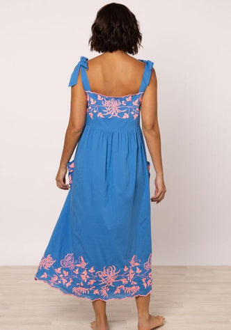 Butterfly Embroidery Shoulder Tie Dress Marine by Juliet Dunn showcasing vibrant watermelon embroidery and shoulder ties.