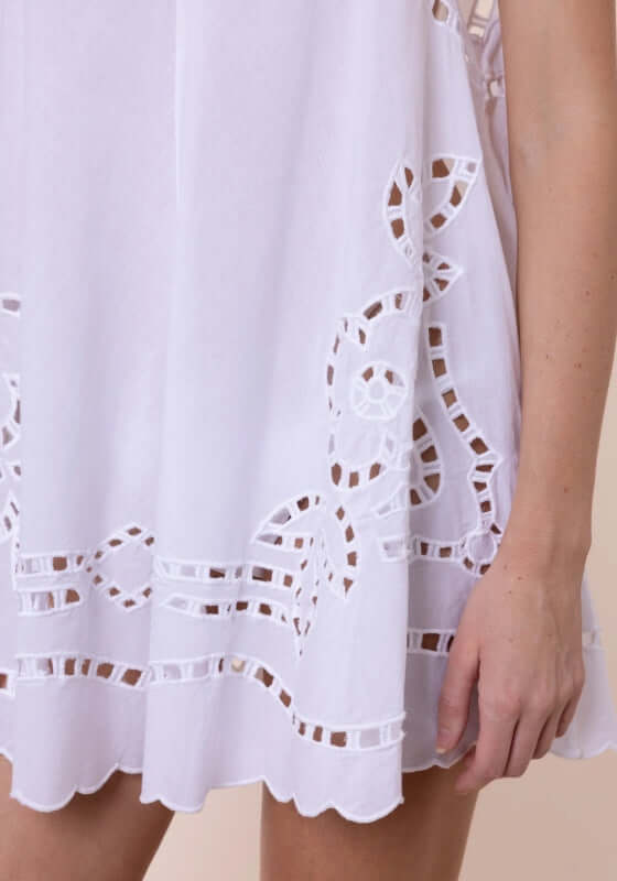 Cutwork Low Back Dress White by Juliet Dunn, featuring scalloped trim and intricate cutwork detail in lightweight white cotton.