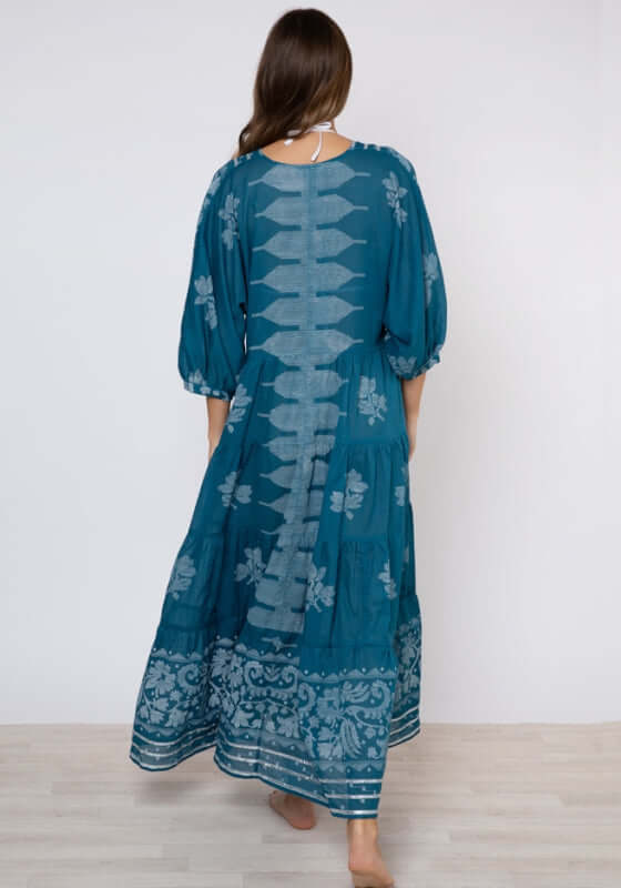 Loose V Neck Dress Petrol Dhaka Print