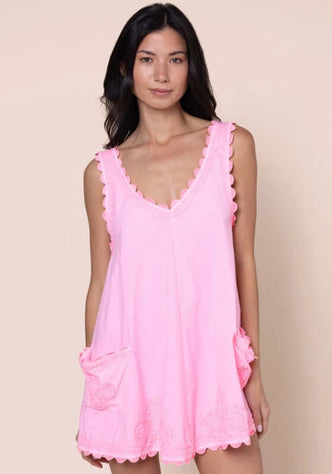 Ric Rac Low Back Dress Flamingo by Juliet Dunn, a chic pink mini dress with playful patch pockets.