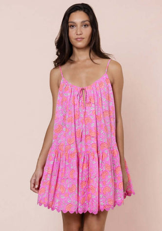 Floral Strappy Mini Dress Fuchsia by Juliet Dunn, featuring a vibrant pink floral print and comfortable design.