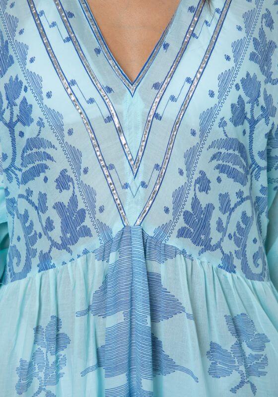 V-Neck Midi Dress in Light Blue Dhaka Print