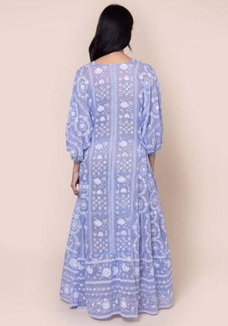Mexican Embroidered V Neck Kaftan Hydrangea by Juliet Dunn, showcasing the back view and intricate embroidery on a flowing dress.