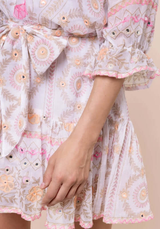 Mexican Embroidered Mini Beach Dress by Juliet Dunn, showcasing delicate embroidery and a relaxed fit.