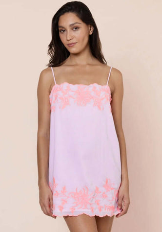 Butterfly Tie Strap Mini Dress Petal Pink by Juliet Dunn, featuring delicate tie straps and intricate embroidered details.