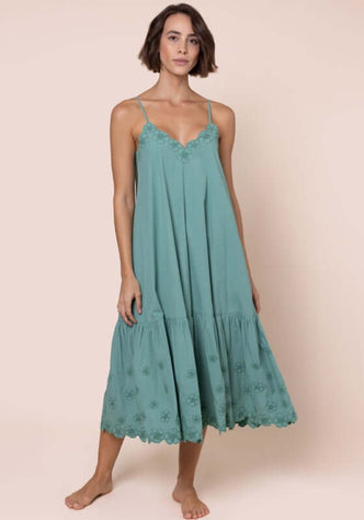 Poplin Midi Dress Cactus by Juliet Dunn, featuring a relaxed fit, V-neckline, and floral embroidery in Cactus Green.