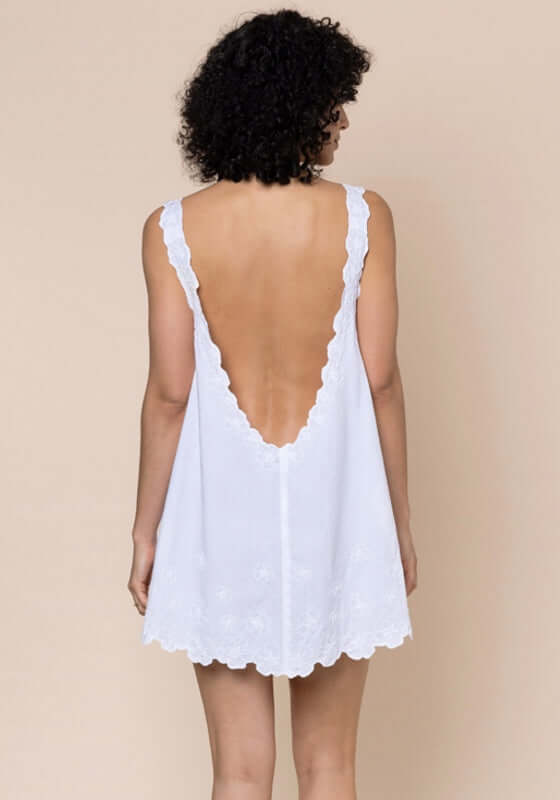 Low Back Dress White by Juliet Dunn, showcasing a scalloped trim design and a low back for stylish summer wear.