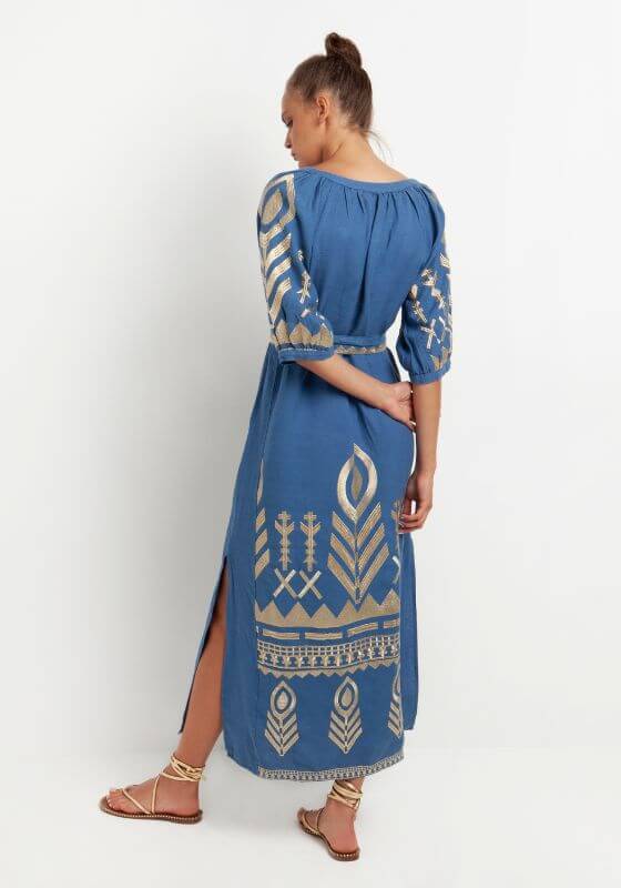 Maxi Kaftan with Feather Embroidery Indigo by Greek Archaic Kori, showcasing elegant gold feather embroidery and stylish balloon sleeves.
