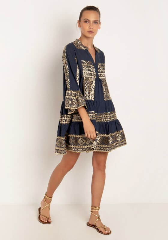 Triangle Long Sleeves Mini Dress Navy by Greek Archaic Kori featuring gold embroidery and bell sleeves.