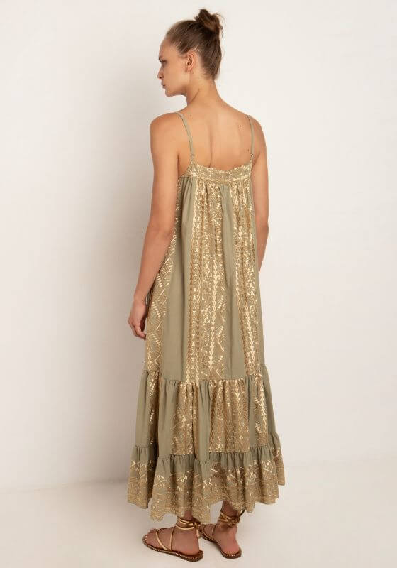 Triangle Ruffle Dress Tea by Greek Archaic Kori, showcasing the back view with gold embroidery and ruffle details.