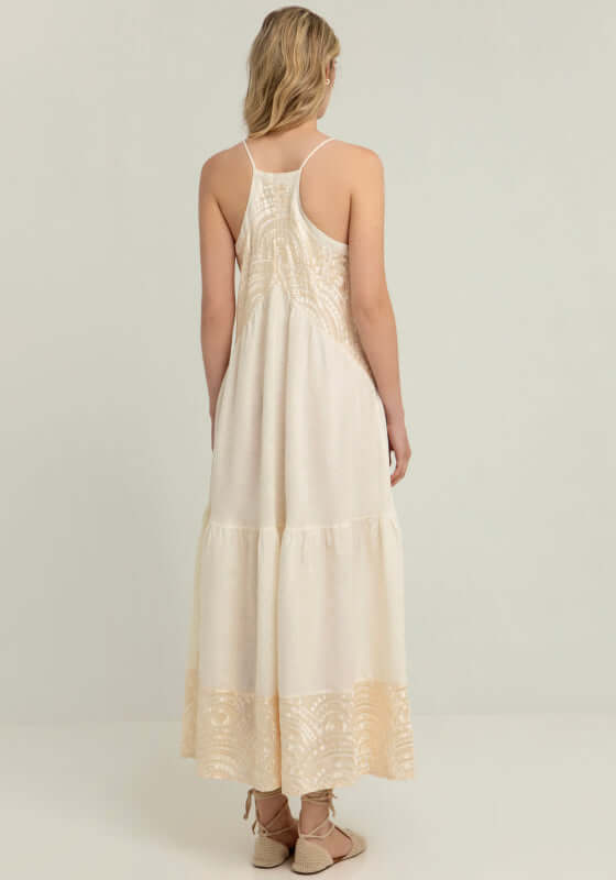 Triangle Strappy Maxi Dress Natural by Greek Archaic Kori, showcasing the elegant back view with gold embroidery.