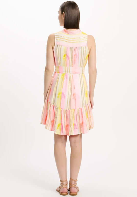 Tracy Dress by Miss June, showcasing the back view with vertical stripes in neon pink and sunny yellow.