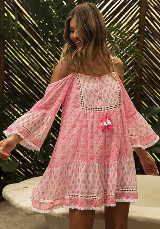 Celva Kaftan Pink by Miss June, a pink cold shoulder kaftan with tassel ties and lace detailing.