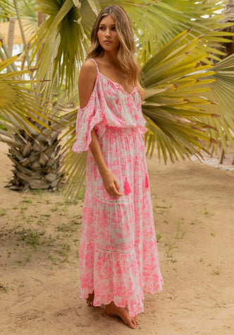 Karena Dress Pink by Miss June, a pink floral maxi kaftan with off the shoulder neckline and tassel ties.