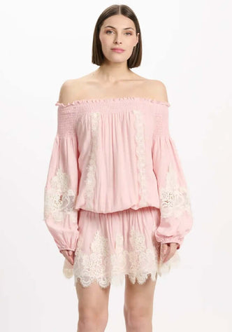 Laurel Dress Pink by Miss June, elegant off-shoulder dress with balloon sleeves and lace trim details.