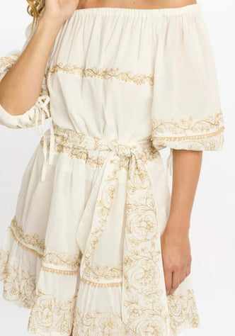 Layla Dress White by Miss June featuring an off-shoulder neckline, balloon sleeves, and gold embroidery.