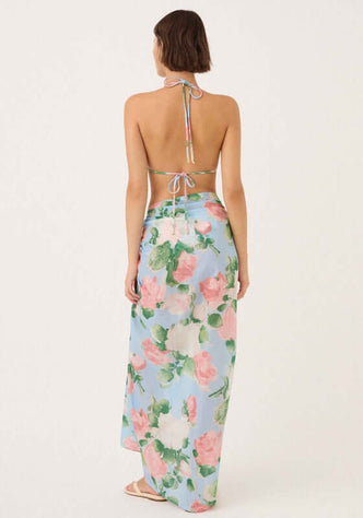 Enamour Sarong by Peony, a floral cover-up featuring pink, blue, and green hues, perfect for beach and pool days.