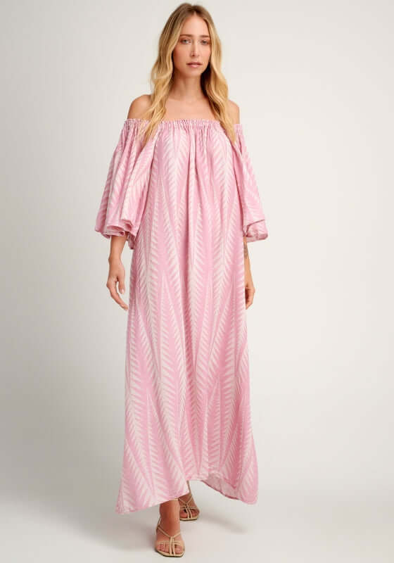 pearl and caviar off shoulder maxi dress pink