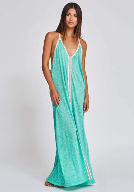 Cheetah Maxi Sun Dress Mint by Pitusa, featuring a soft semi-sheer jersey in cheetah print and an embroidered neckline.