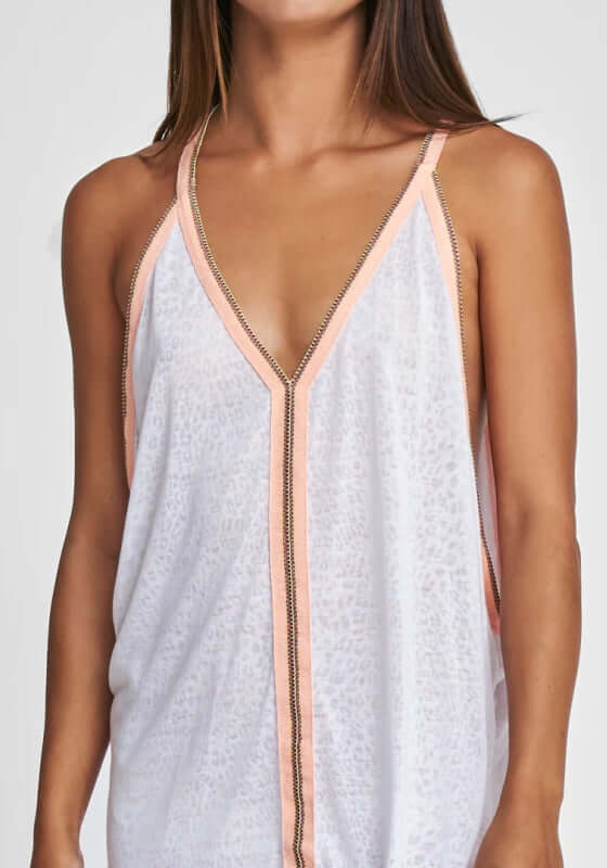 Cheetah Maxi Sundress White by Pitusa, featuring semi-sheer jersey with cheetah print and embroidered neckline detail.