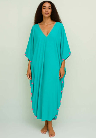 Colour Block Pom Pom Kaftan Teal by Pitusa, a relaxed teal kaftan with playful pom pom details.