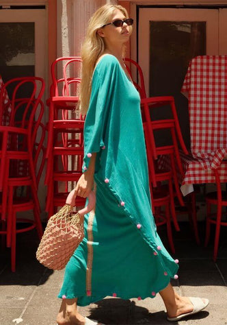 Colour Block Pom Pom Kaftan Teal by Pitusa, a relaxed teal kaftan with pom pom details, perfect for beach days.