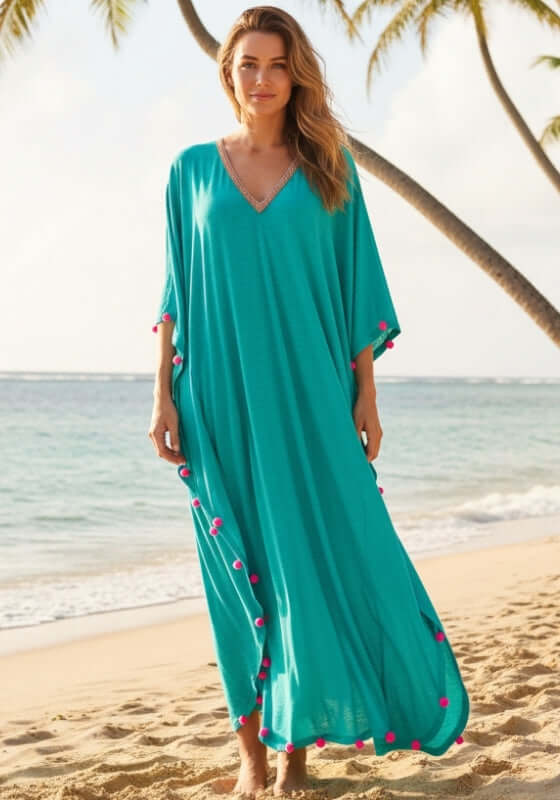 Pitusa | Colour Block Pom Pom Kaftan Teal - Beach Cafe Pitusa | Colour Block Pom Pom Kaftan Teal - Beach Cafe