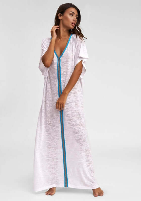 Inca Abaya Kaftan White by Pitusa, features a deep v neckline and contrast embroidered trim, perfect for poolside.
