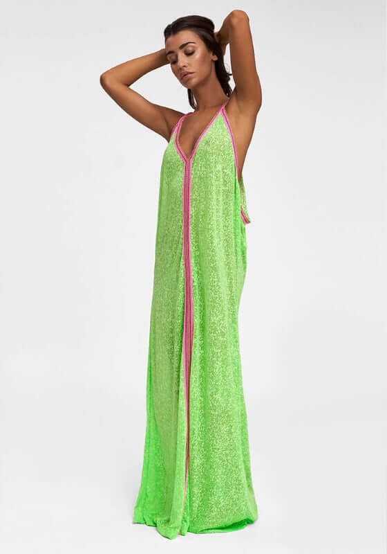 Inca Maxi Sun Dress Lime by Pitusa, showcasing a stunning semi-sheer dress with vibrant color and elegant design.