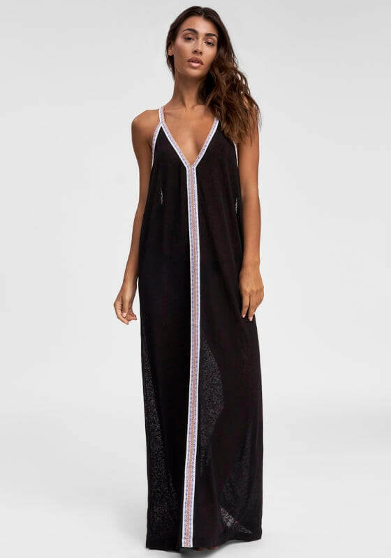 Inca Maxi Sun Dress Black by Pitusa, showcasing a soft semi-sheer jersey with an embroidered panel along the neckline.
