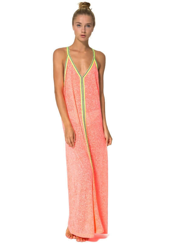 Inca Maxi Sun Dress Watermelon by Pitusa, featuring a soft semi sheer jersey and vibrant embroidered neckline.
