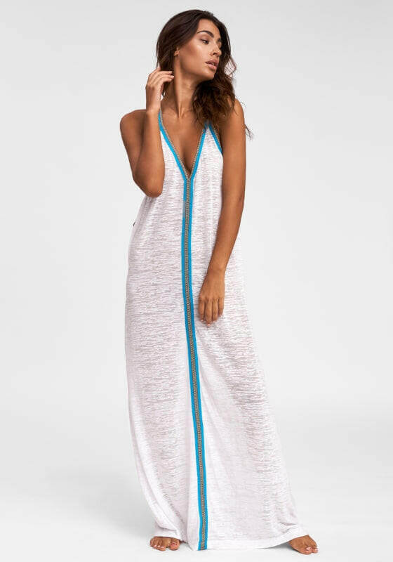 Inca Maxi Sun Dress White by Pitusa on model, featuring a soft semi-sheer design with embroidered details.