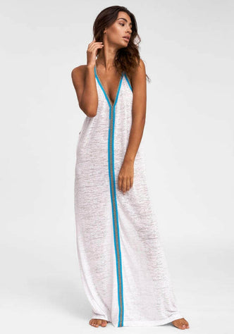Inca Maxi Sun Dress White by Pitusa on model, featuring a soft semi-sheer design with embroidered details.
