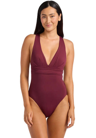 Cross Back Swimsuit Burgundy by Seafolly, featuring a flattering V neckline and chic ruched detailing.
