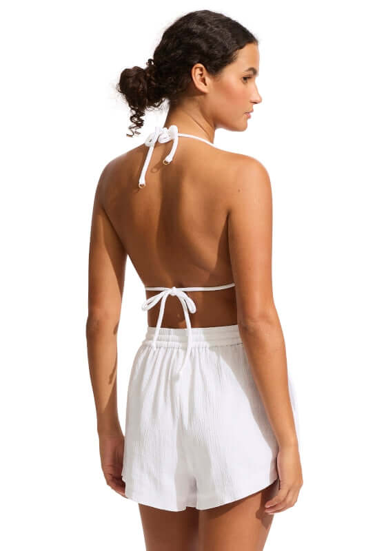 Crinkle Shorts White by Seafolly, featuring a model wearing soft crinkle cotton shorts with a back view.