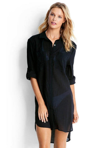 Crinkle Twill Beach Shirt Black by Seafolly, featuring a stylish crinkle design, long sleeves, and a high low scooped hem.