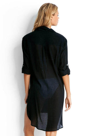 Crinkle Twill Beach Shirt Black by Seafolly, back view of a woman wearing a stylish black beach cover up.
