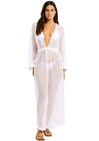 Gathered Lace Cover Up by Seafolly, featuring a deep V neckline and flowing sleeves in crisp white.
