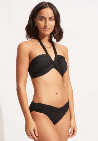 Goddess Bandeau Bikini Black by Seafolly, featuring a flattering draped black bikini with soft cups and twist band detail.