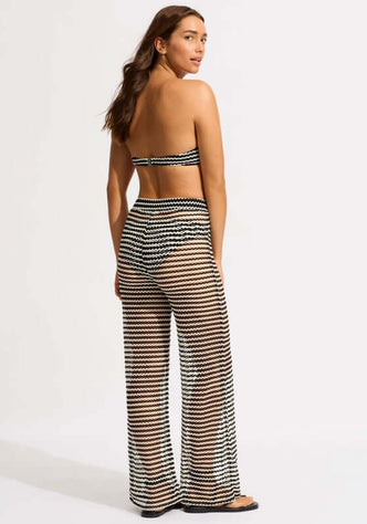 Mesh Effect Beach Trousers Black by Seafolly, featuring a model wearing relaxed wide leg beach pants from the back.