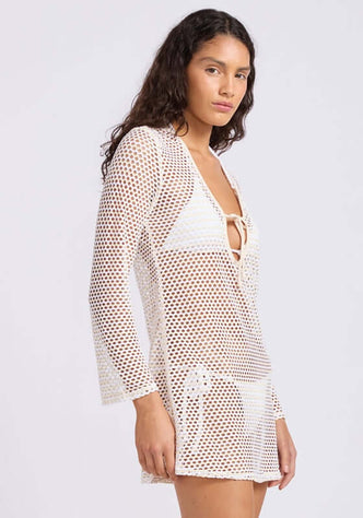 Mesh Effect Kaftan Ecru by Seafolly, a stylish ecru mesh cover up with a thigh-length silhouette and wide sleeves.