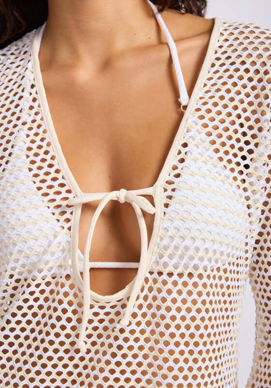 Mesh Effect Kaftan Ecru by Seafolly, showcasing mesh fabric with a tie front detail, perfect for beachwear.