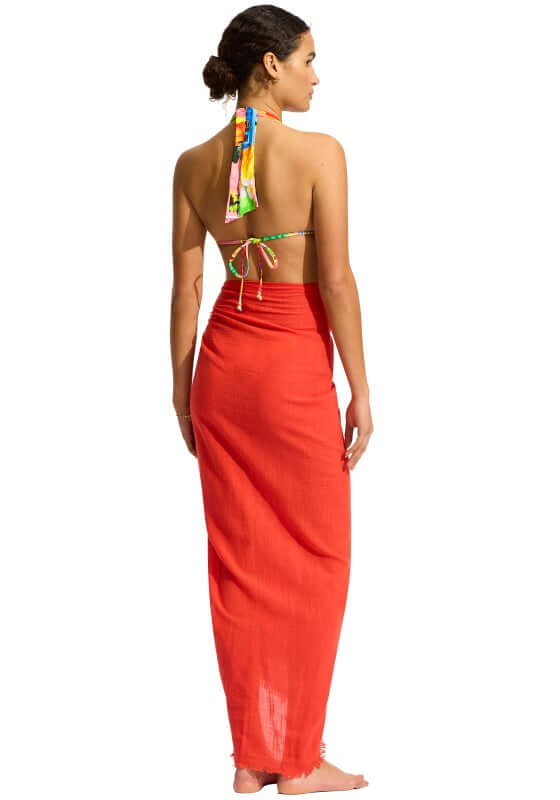 Textured Cotton Wrap Sarong Flame by Seafolly worn by model showcasing back view, perfect beachside cover up.